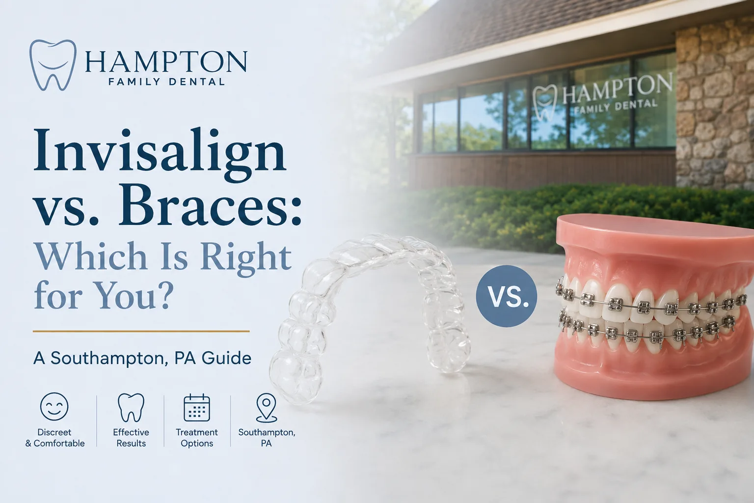 Clear Invisalign aligner beside a model with traditional metal braces outside Hampton Family Dental in Southampton, PA