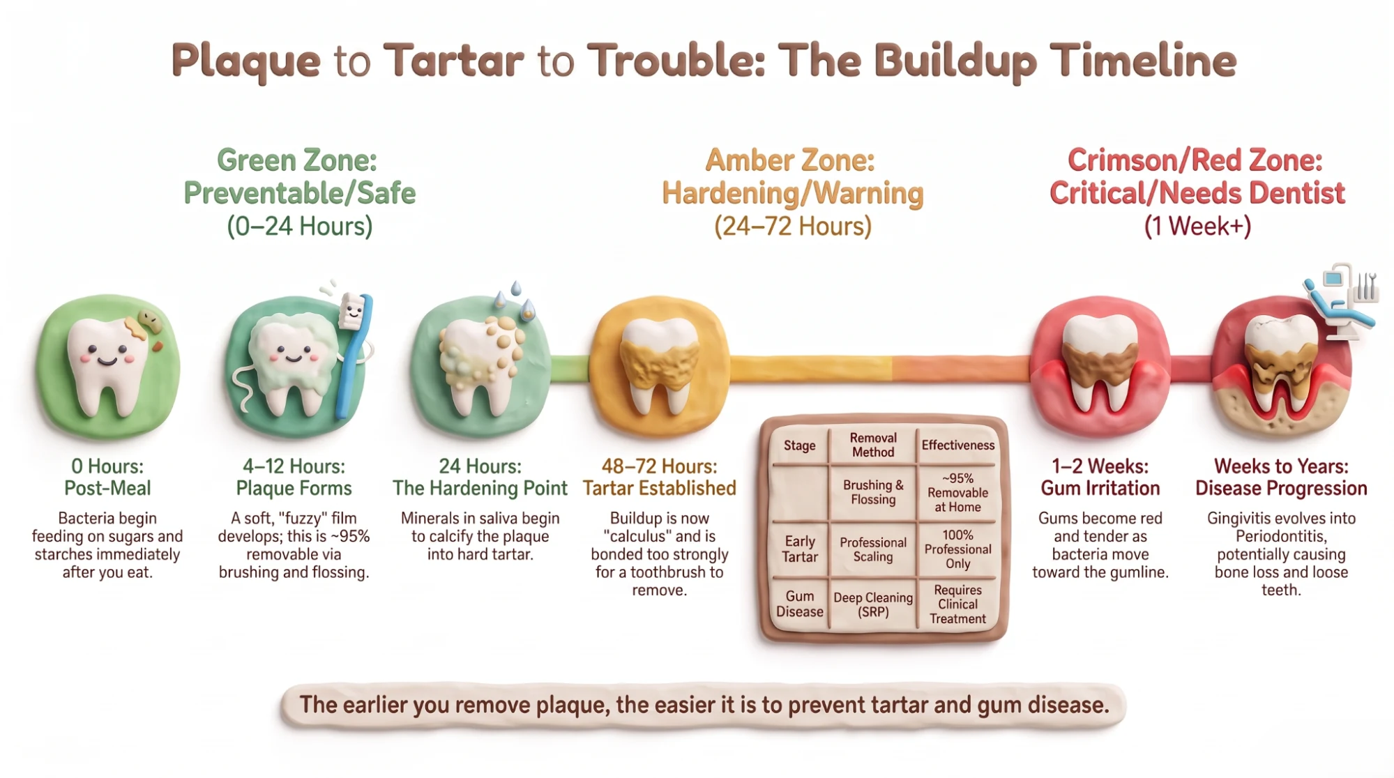 Diagram explaining the difference between soft plaque that brushing removes and hardened tartar that requires professional cleaning.