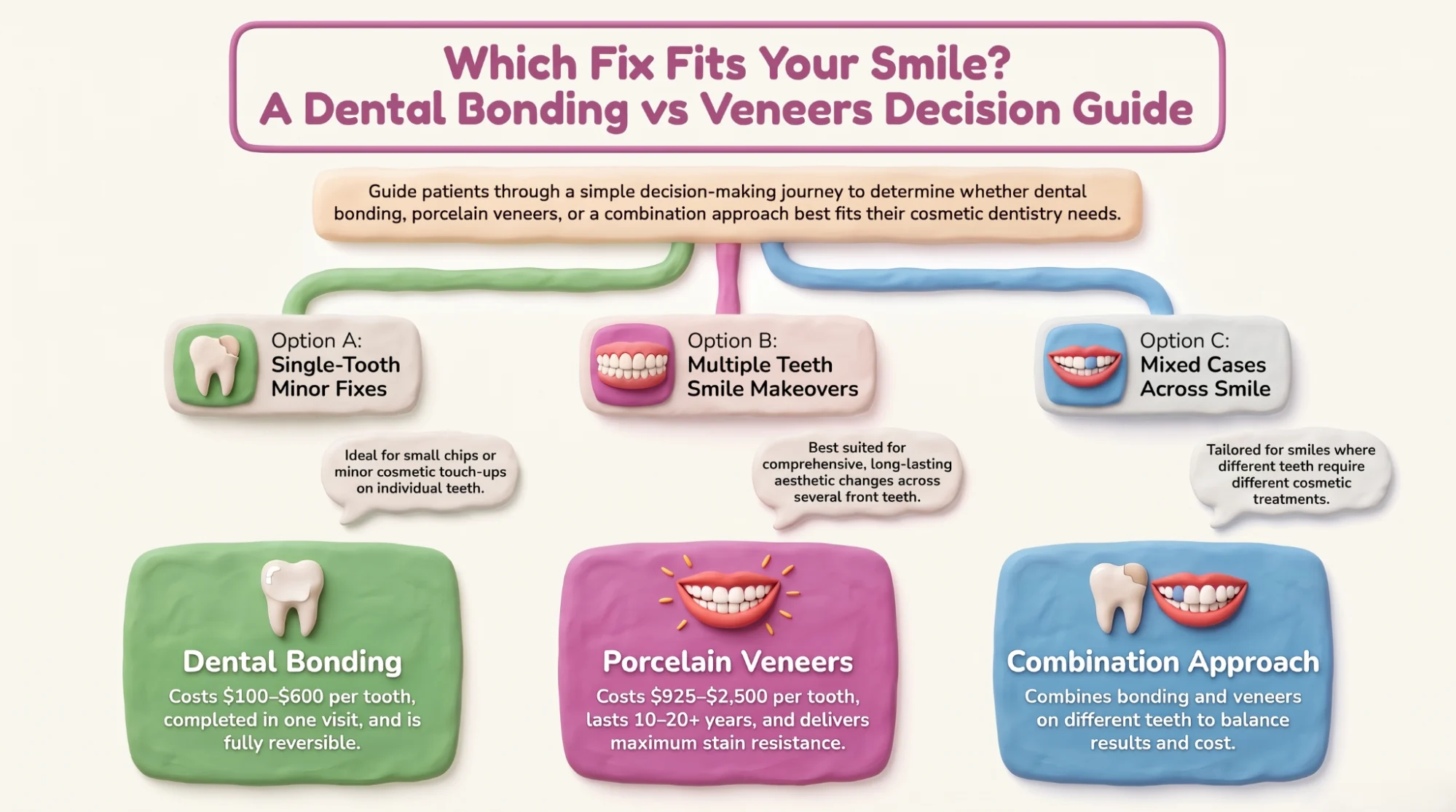 Decision flowchart titled Which Fix Fits Your Smile, showing three paths — bonding for a single chip or discoloration, veneers for a multi-tooth smile makeover, and a mixed approach across different teeth.