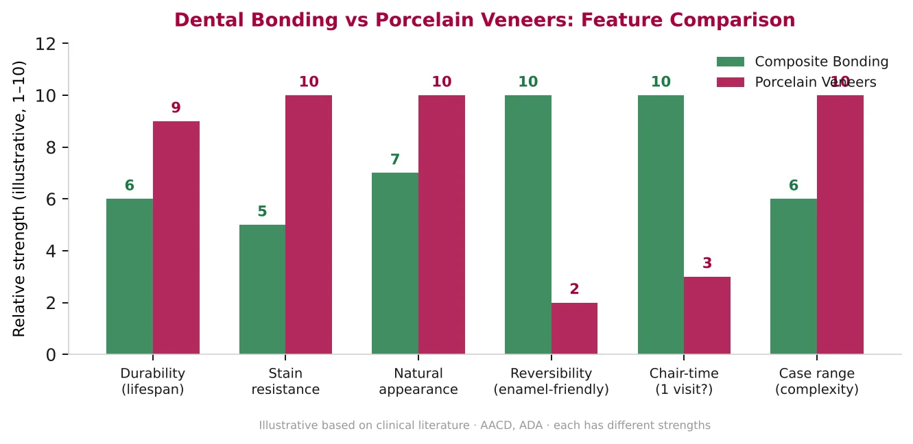 Grouped bar chart comparing composite bonding and porcelain veneers across six features — durability, stain resistance, natural appearance, reversibility, chair time and case range.