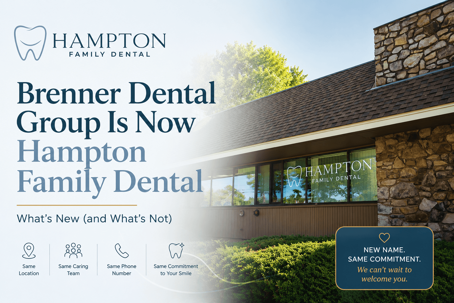 Hampton Family Dental office exterior in Southampton PA with formerly Brenner Dental Group ribbon