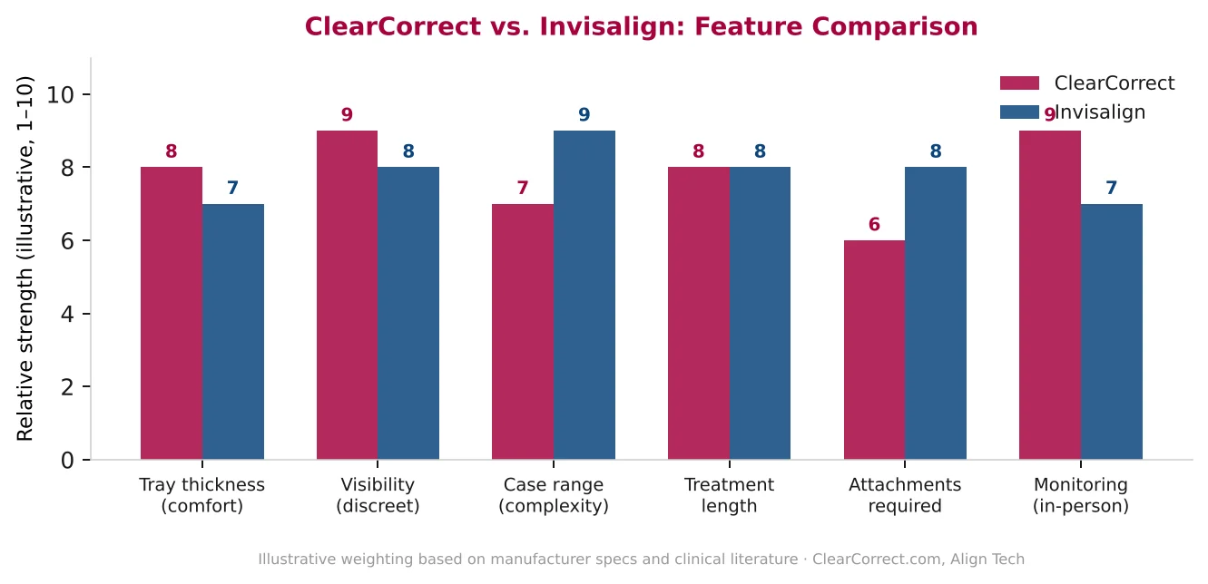 Grouped bar chart comparing ClearCorrect and Invisalign across six features — tray thickness and comfort, discreetness, case range, treatment length, attachments required, and in-person monitoring.