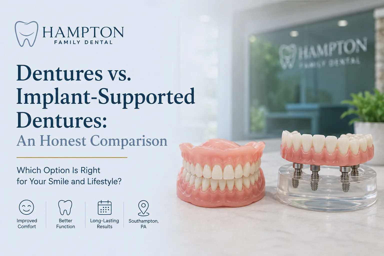A traditional full denture beside an implant-supported denture on implants at Hampton Family Dental in Southampton PA