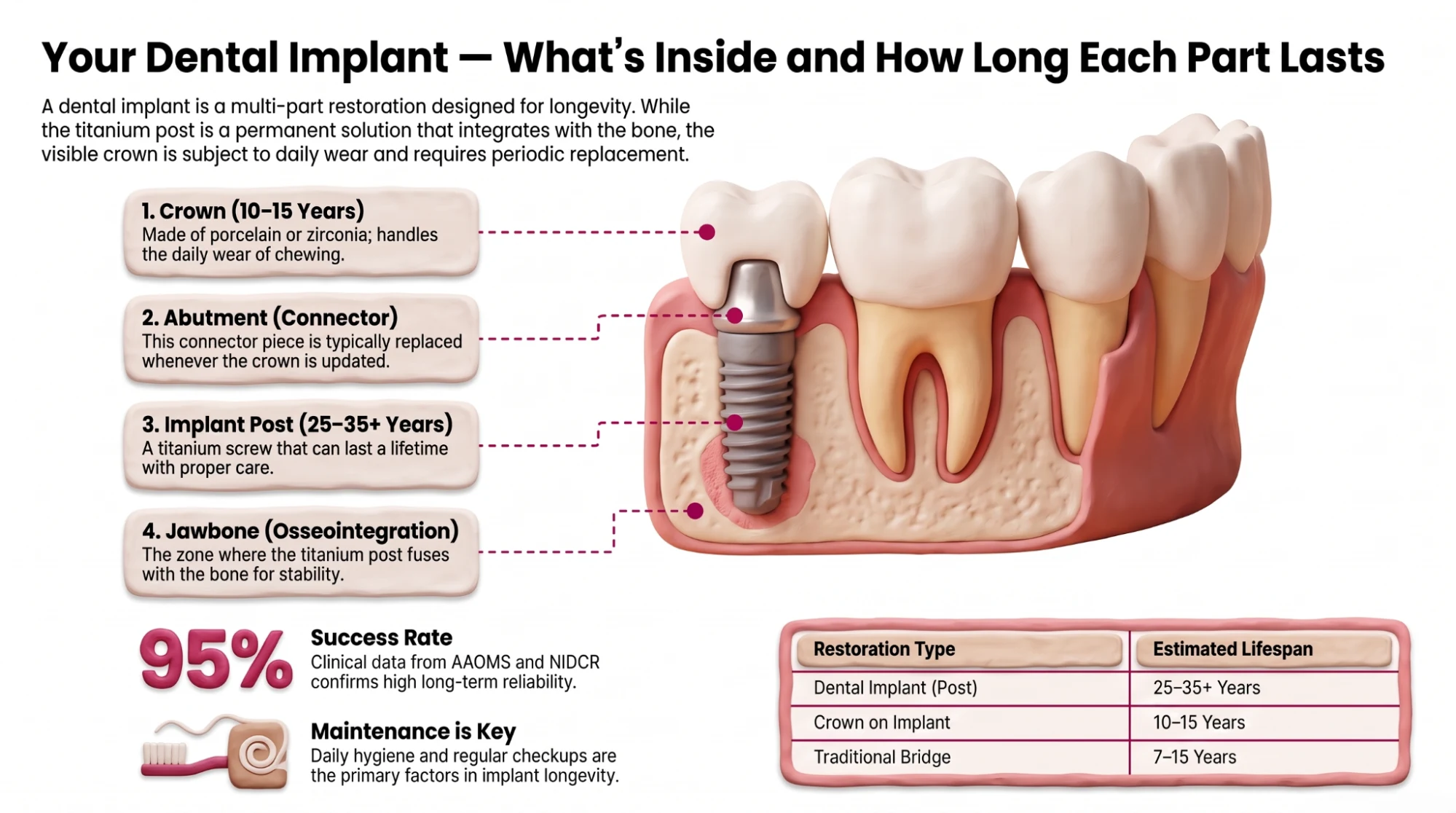 Cross-section diagram of a dental implant showing the titanium post in the jawbone, the abutment connector, and the crown on top.