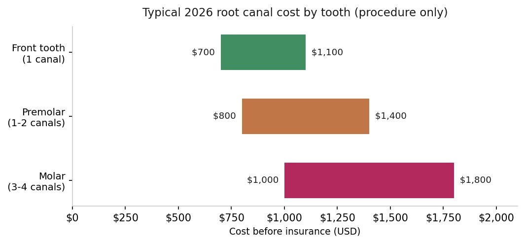 Bar chart of typical 2026 root canal cost by tooth before insurance — front tooth $700–$1,100, premolar $800–$1,400, molar $1,000–$1,800.