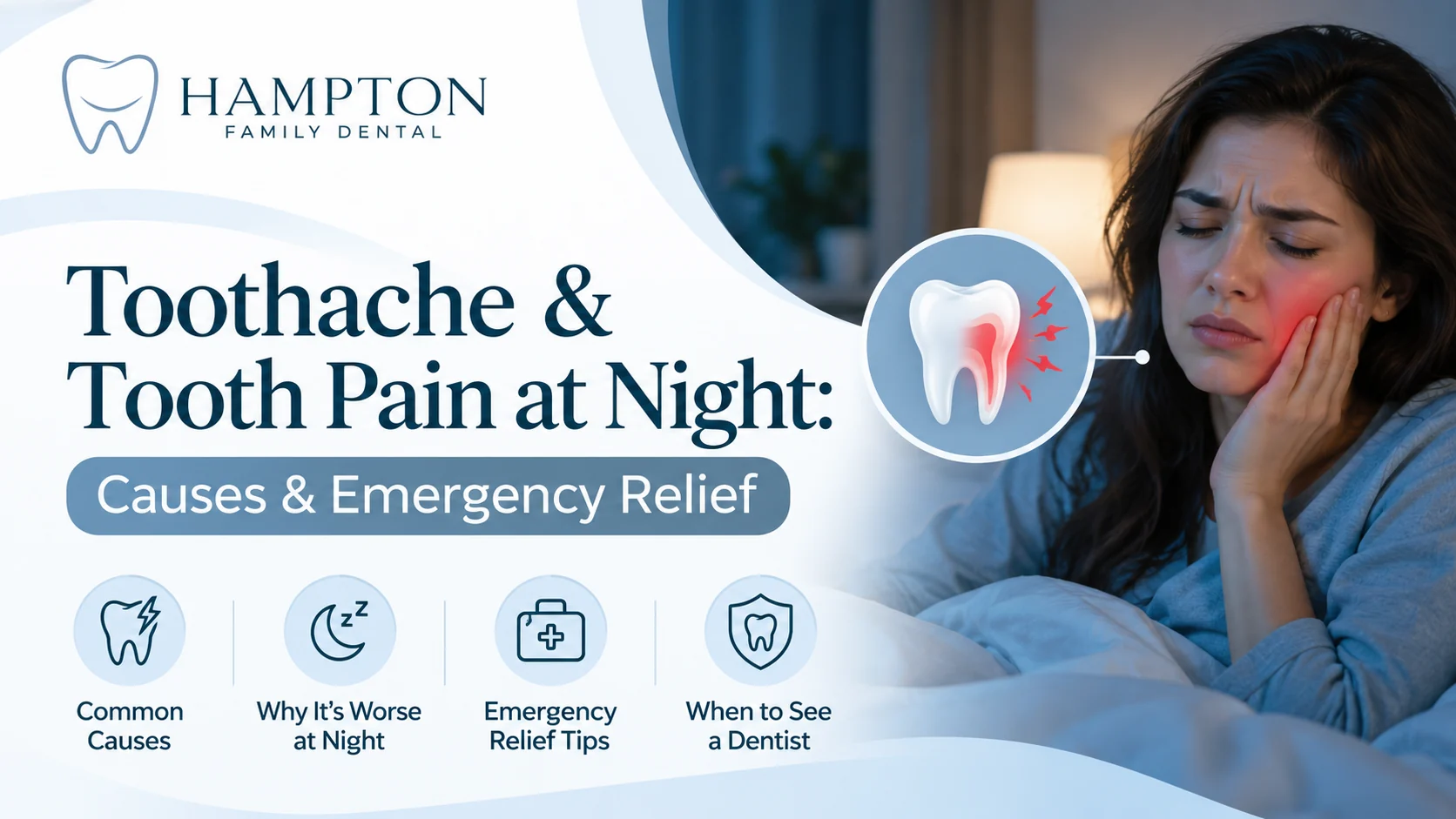 A woman holding her jaw in bed at night with tooth pain, from Hampton Family Dental's emergency guide for Southampton PA