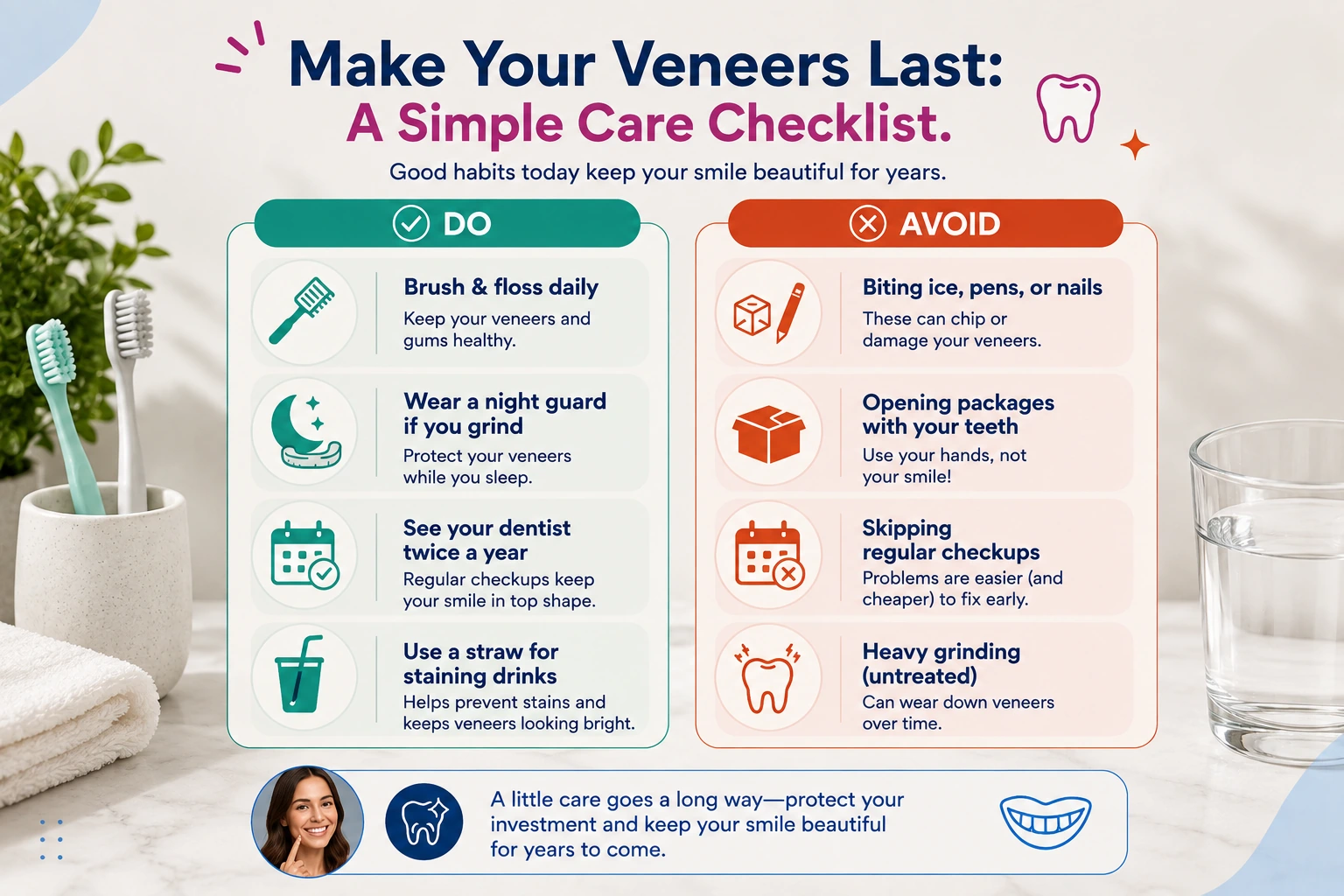 Guide to what makes veneers last longer — daily oral hygiene protects the bond, a night guard shields against grinding, avoiding ice and nail-biting prevents chips, and skilled placement by an experienced dentist improves durability.